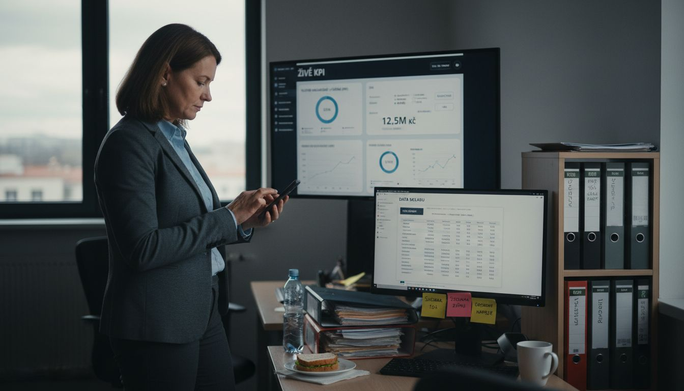 Manažer sleduje aktuální firemní data přímo ve svém mobilu.