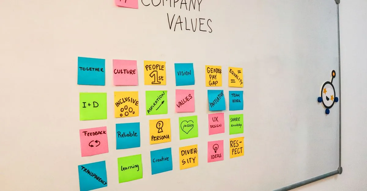 A whiteboard featuring colorful sticky notes outlining company values and teamwork principles.