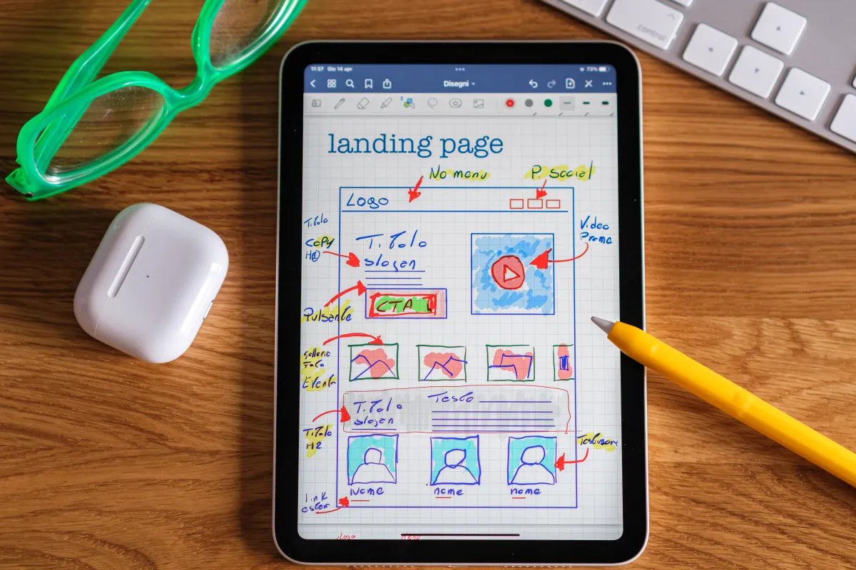 Designér skicuje wireframe mobilní aplikace na papír